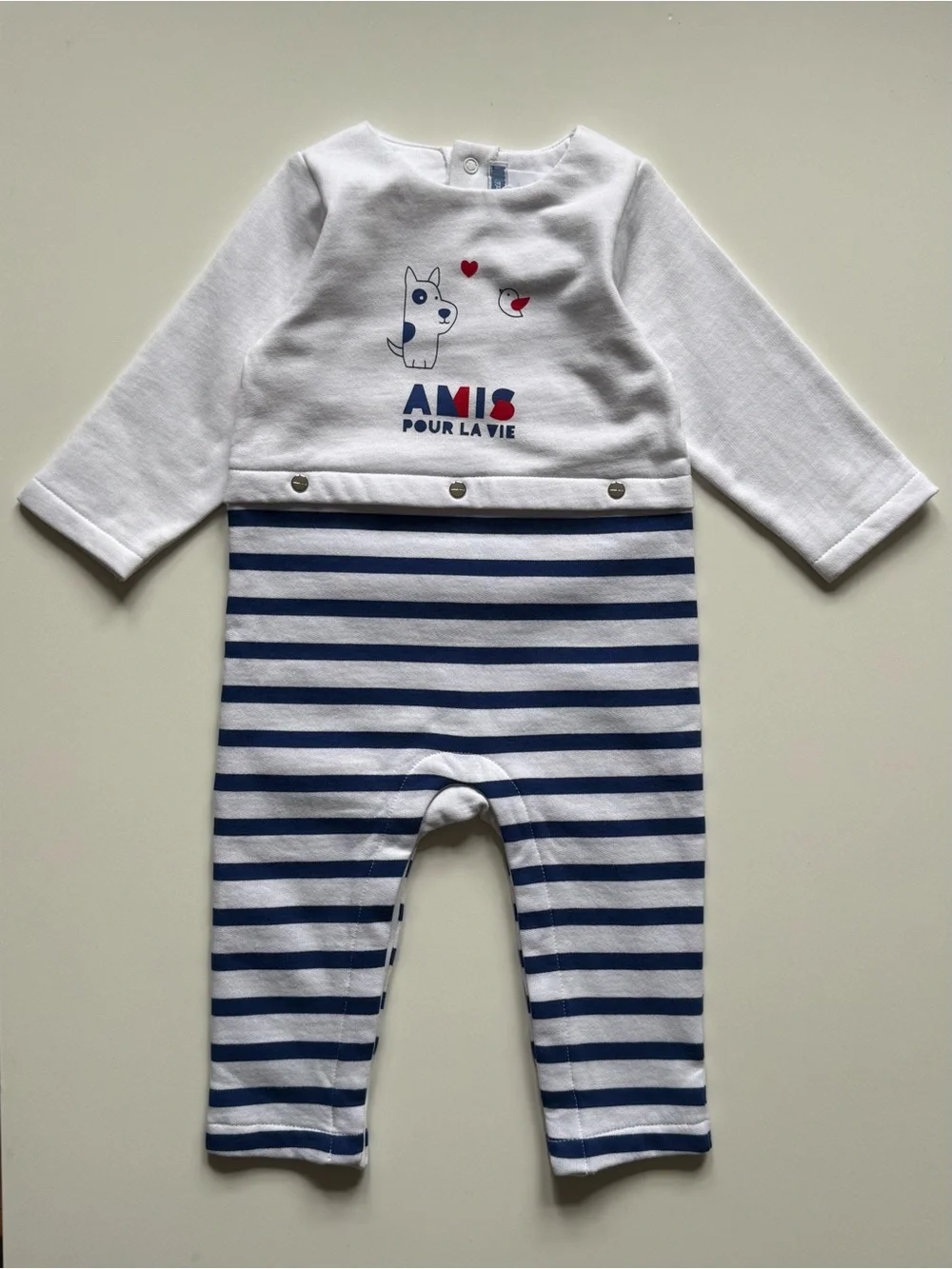 Jacadi Baby Unisex White and Navy Striped One-Piece, Amour Pour La Vie - Sz. 12M
